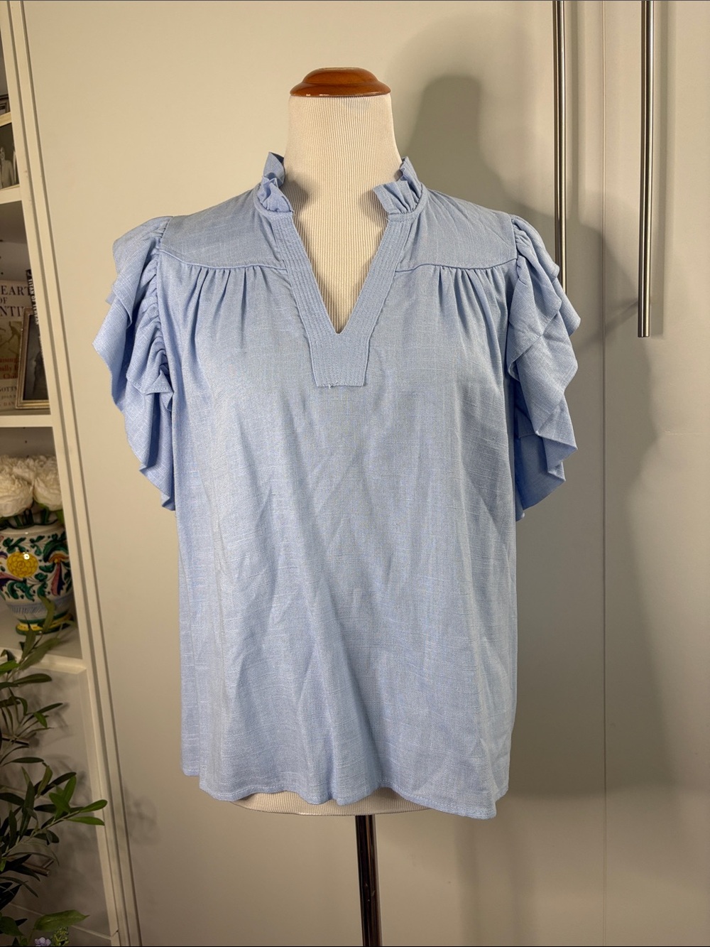 THML Light Blue Ruffle Sleeve V-Neck Blouse L